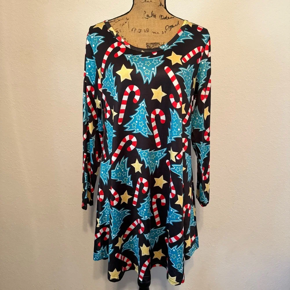 Christmas dress with bright colors, candy canes and trees large